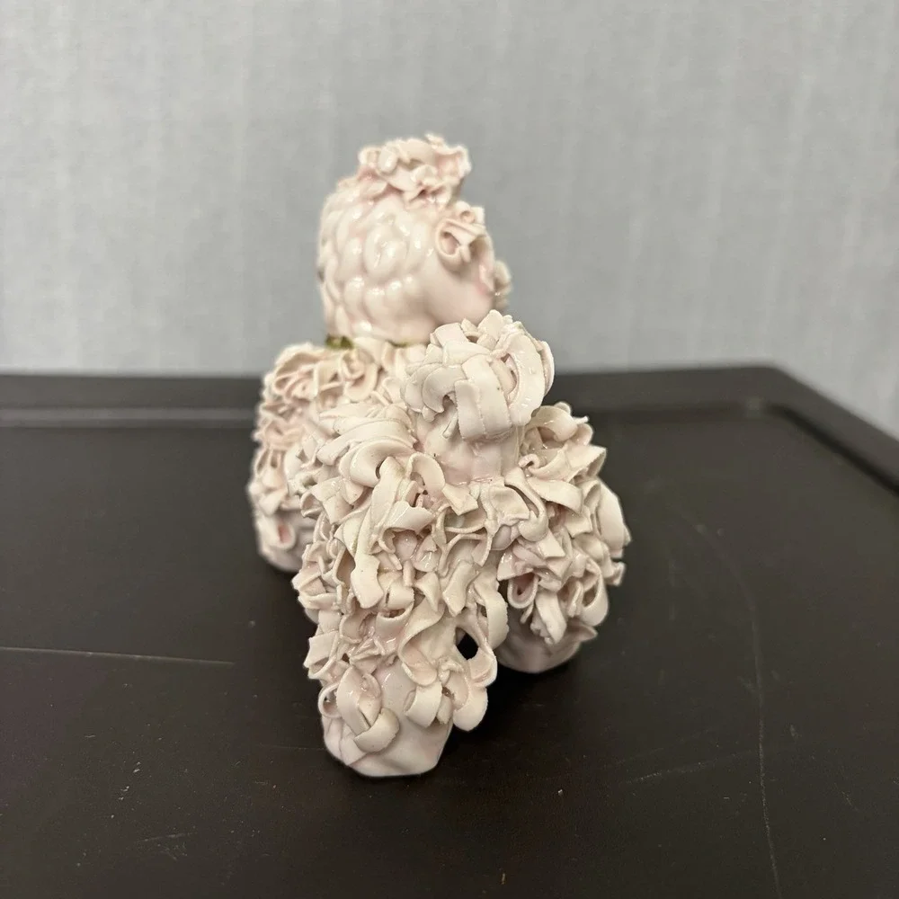 Vintage Spaghetti Pink Poodle Ceramic Figurine Gold Bow Mid Century MCM 60s